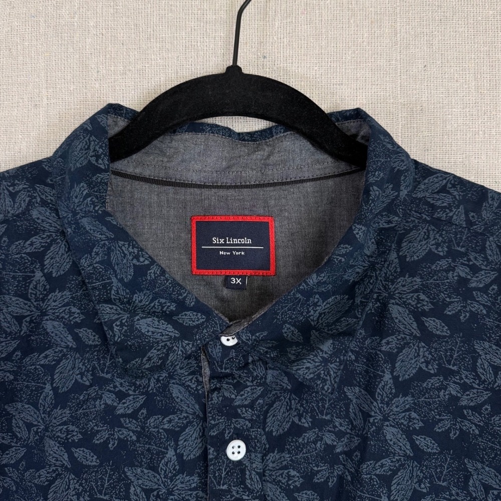 Six Lincoln New York Mens 3X Navy Leaf Print Short Sleeve Button Down Shirt